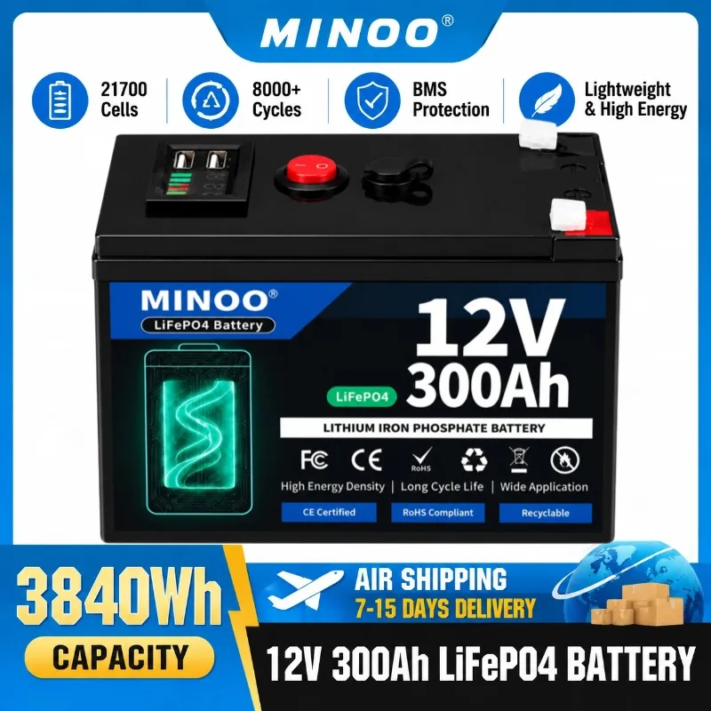 Lifepo4 12V 300Ah Deep Cycle - 12V 300Ah リチウム鉄リン酸バッテリー。太陽光発電用、深放電サイクル対応、充電可能。内蔵BMS（バッテリー管理システム）。300Ah。電動車、スクーター、魚群探知機などに。