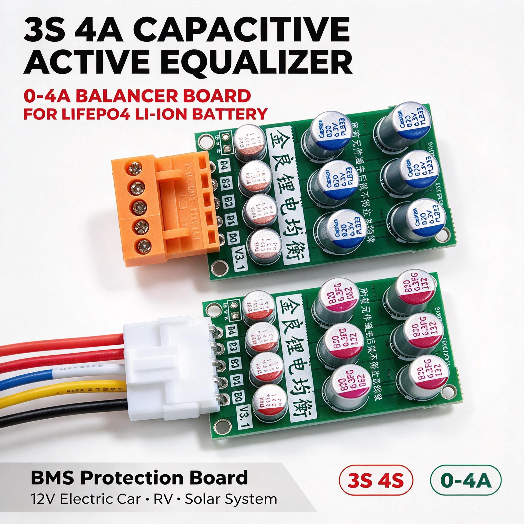 Battery Balancer 4S 12V Active Equalizer - DYKB 3S 4S 0-4A 静電容量式アクティブイコライザー・バランサー。12V車載用、RV用、BMS保護基板に搭載可能な、LiFePO4およびリチウムイオンバッテリーのエネルギーバランス調整機能。