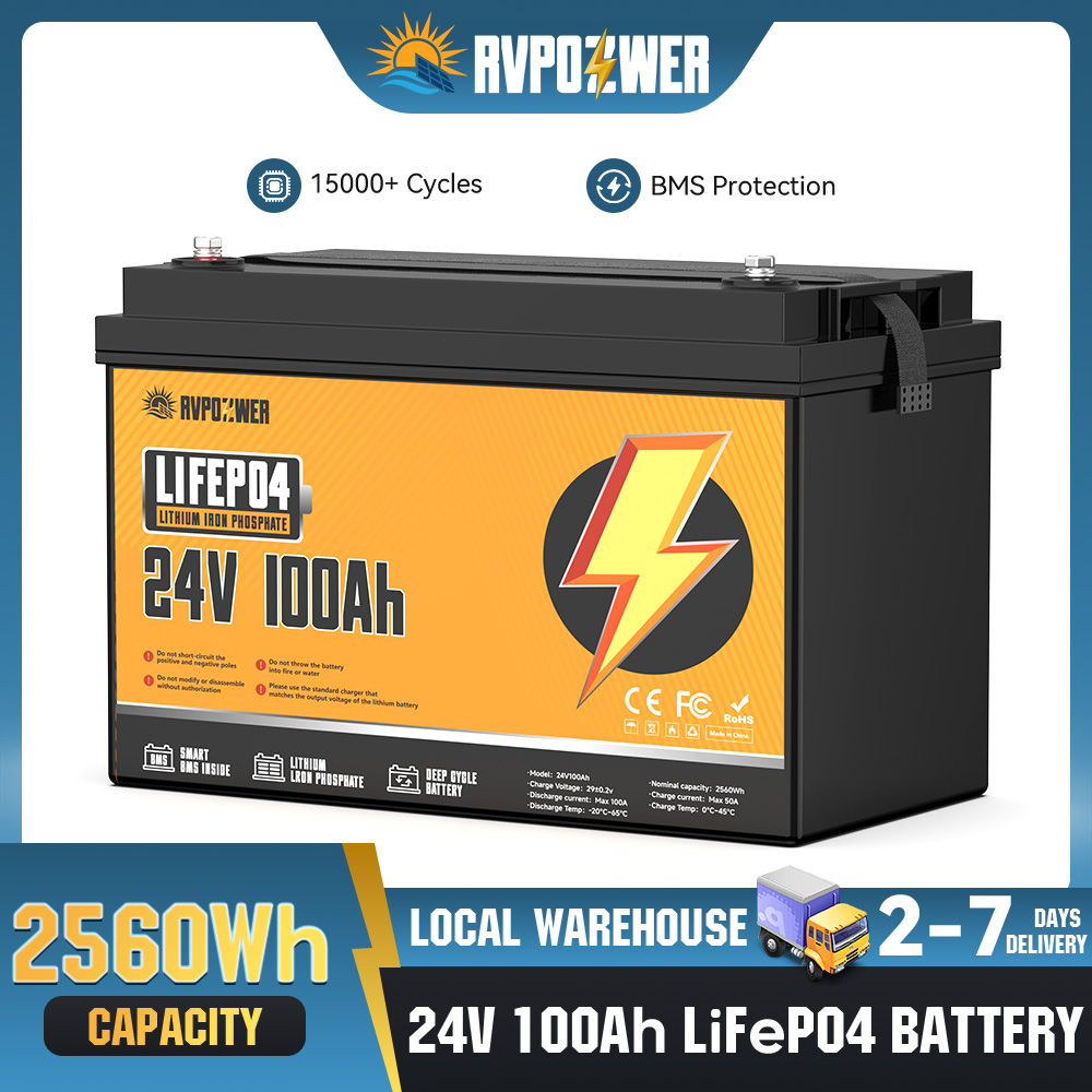Lifepo4 Battery 24V 100Ah Trolling Motor - RVPOZWER 24V 100Ah 2560Wh リチウムリン酸鉄バッテリー（BMS搭載、15000サイクル）。RV、船舶、太陽光発電、船外機、家庭用エネルギー、オフグリッドシステムに最適。
