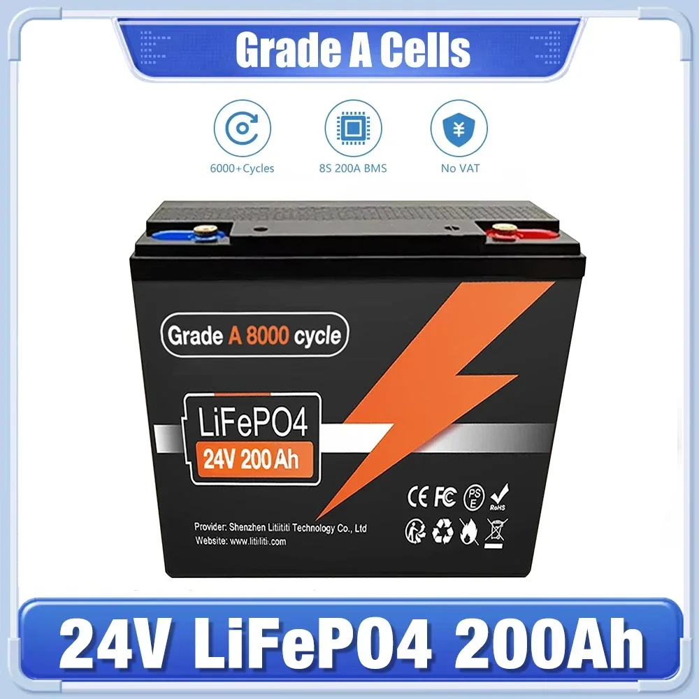 Lifepo4 Battery 24V 200Ah - 24V リチウム鉄リン酸バッテリー 200Ah、内蔵BMS、8000回以上の充放電サイクルに対応、太陽光発電システム、ボート、RV車用、免税。