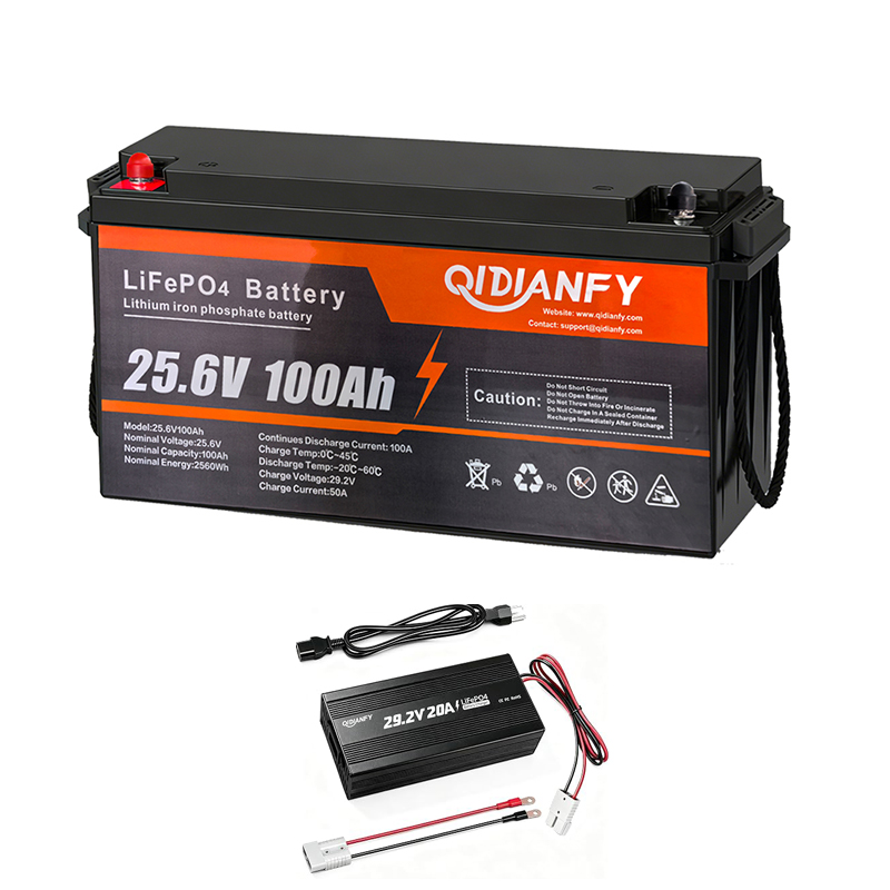 Lifepo4 Battery 24V 100Ah Trolling Motor - Qidianfy 24V 100Ah リン酸鉄リチウムイオンバッテリーと100A BMS搭載の充電器。2560Wの出力で、太陽光発電によるオフグリッドシステム、船外機、RV（キャンピングカー）、家庭用バックアップ電源として使用可能。