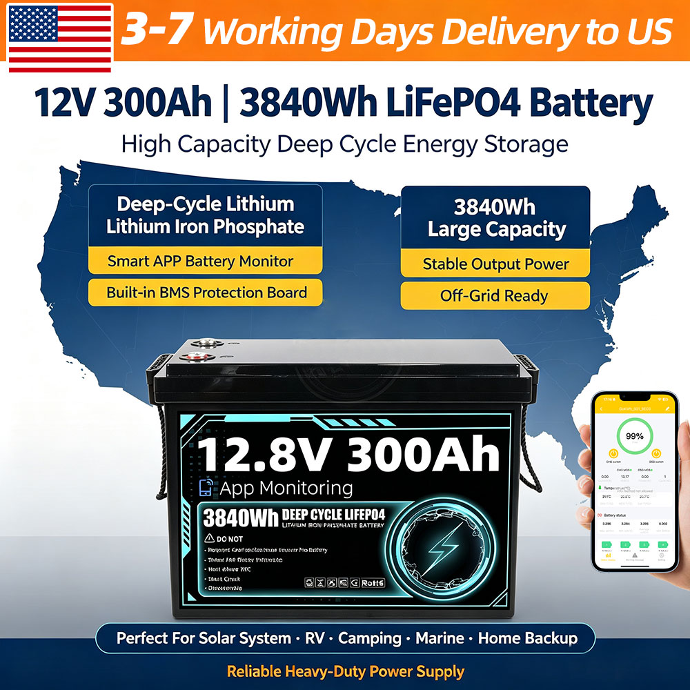 Lifepo4 12V 300Ah Deep Cycle - グレードA、12V 300Ahのリチウム鉄リン酸バッテリー。200AのBMS（バッテリー管理システム）内蔵。8000回以上の深放電サイクルに対応。RV、バン、ゴルフカート、ボート、キャンピングカー、船舶、太陽光発電システムでの蓄電に適した低温保護機能を搭載。1年間の保証付き。