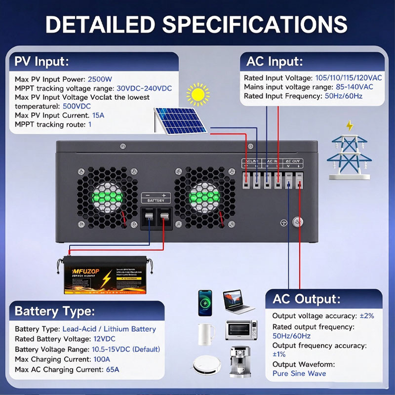 MFUZOP 1800W 12V ハイブリッド太陽光インバー - Lifepo4 Battery 12V 100Ah のレビューと価格